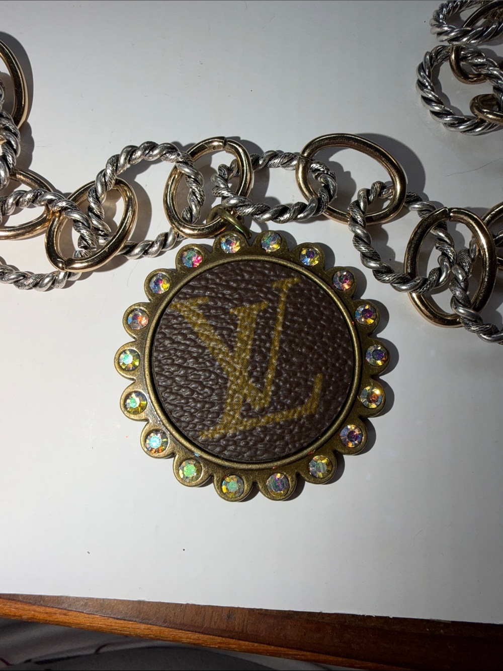 Gold and Silver Upcycled  Chain Necklace with Brown Medallion Pendant
